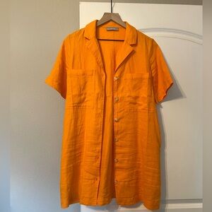 Everlane linen workwear dress in orange/turmeric.